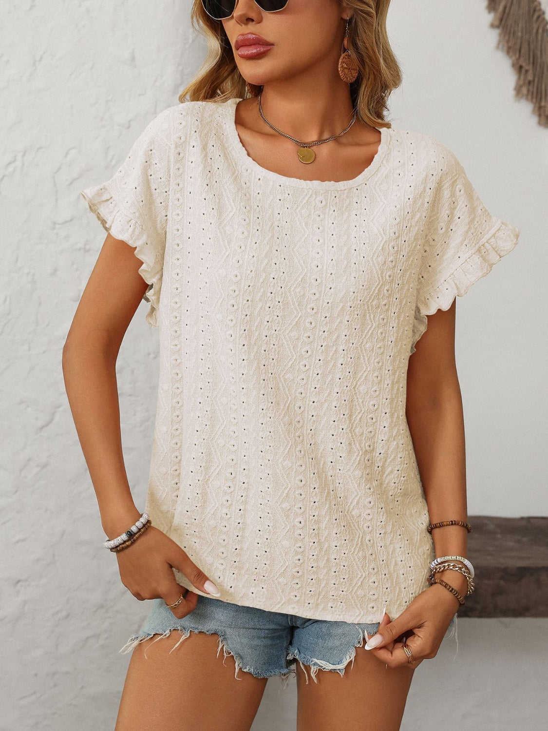 Eyelet Round Neck Short Sleeve Top