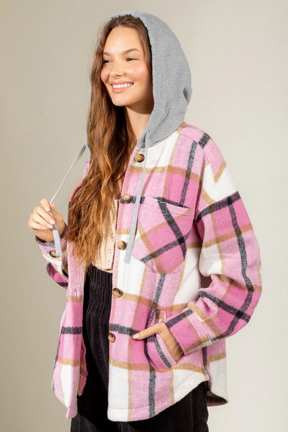 Drawstring Plaid Dropped Shoulder Hooded Shacket