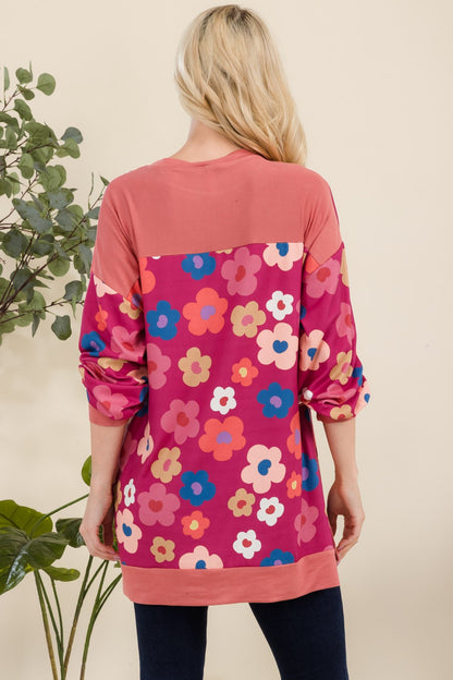 Side Slit Flower Print Long Sleeve Top