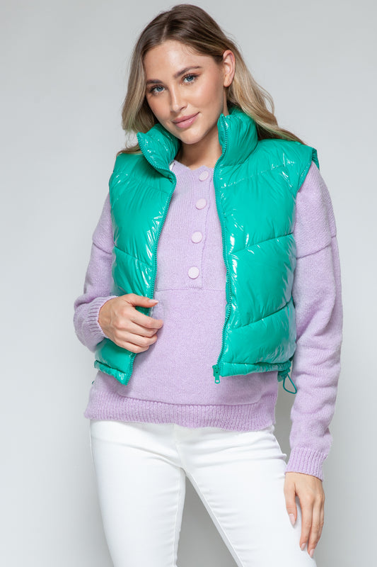 Zip Up Turtleneck Shiny Quilted Vest