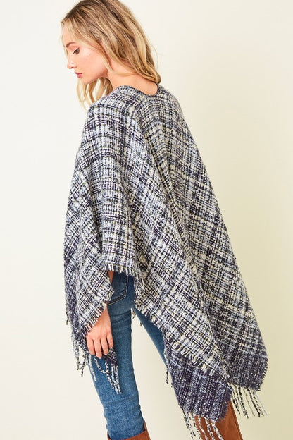 MULTI PLAID FRINGE PONCHO SHAWL