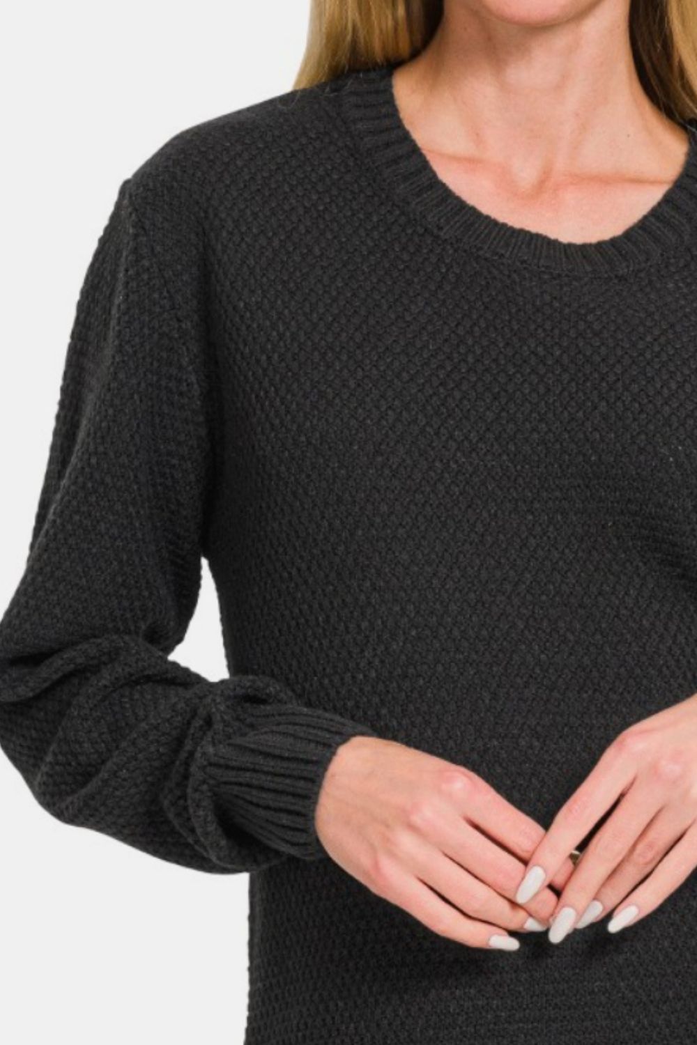 Round Neck Long Sleeve Curved Hem Sweater