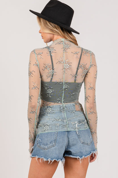 Mesh Long Sleeve Sheer Floral Embroidery Top