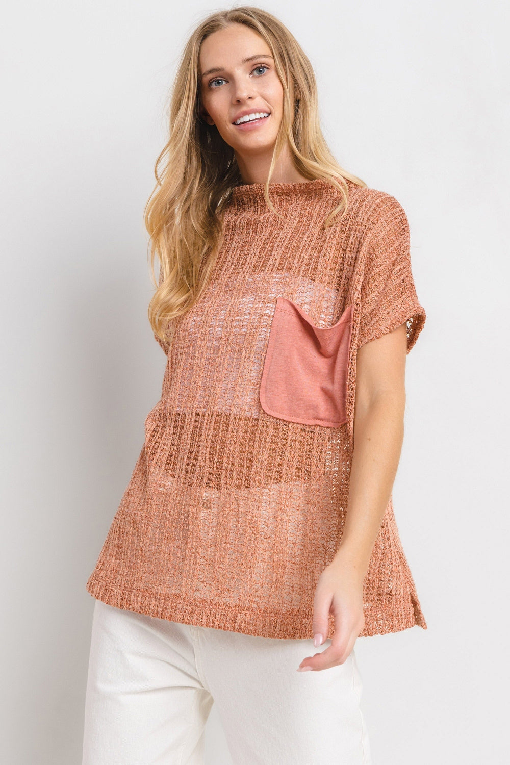 Femme See Through Crochet Mock Neck Cover Up