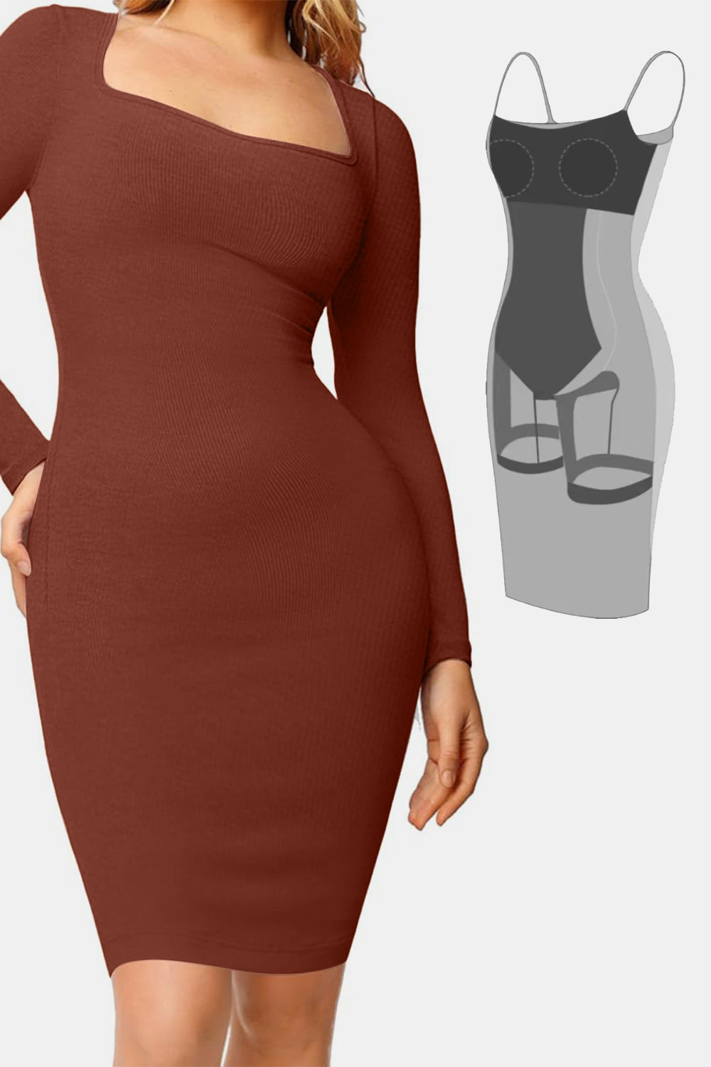 Built-In Shapewear Square Neck Long Sleeve Dress