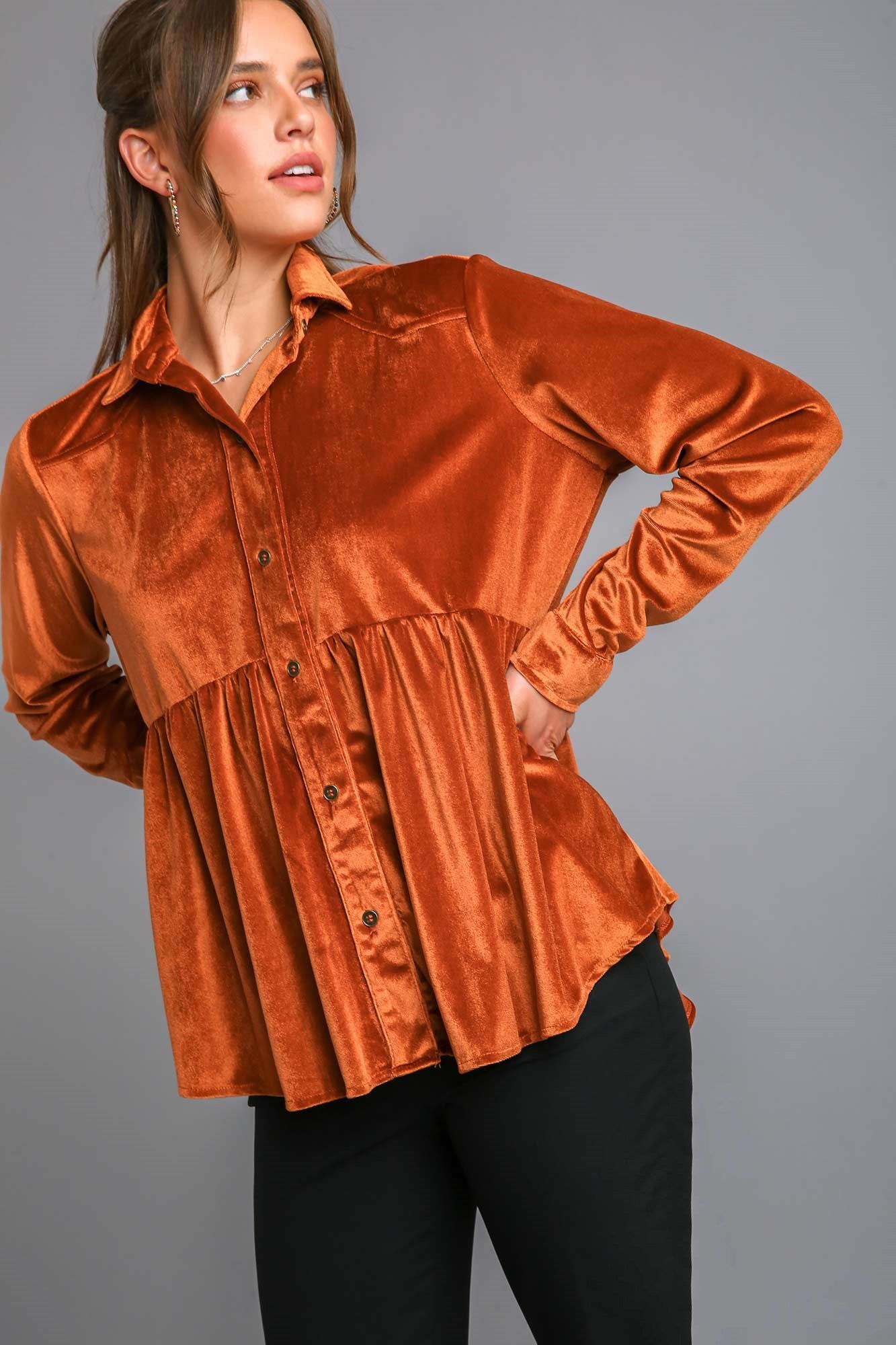 Umgee Peplum Button Up Long Sleeve Shirt