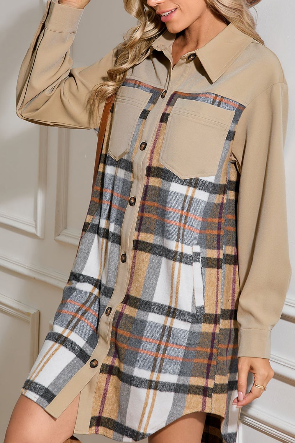 Pocketed Plaid Long Sleeve Mini Shirt Dress