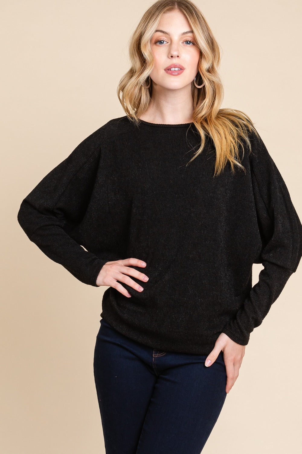 Drop Shoulder Long Sleeve Knit Top