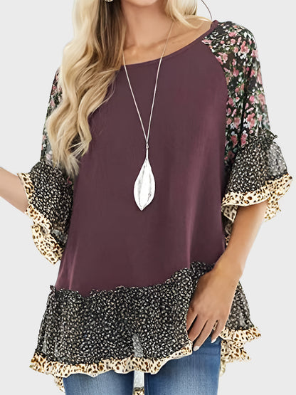 Frill Printed Round Neck Half Sleeve Blouse