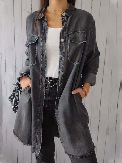 Raw Hem Button Up Long Sleeve Denim Top