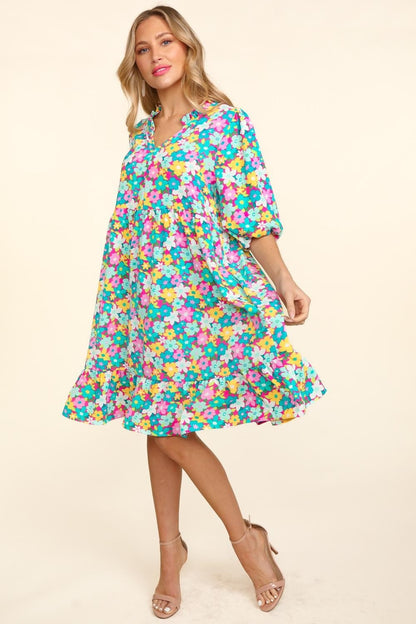 Bubble Sleeve Floral Ruffled Dress