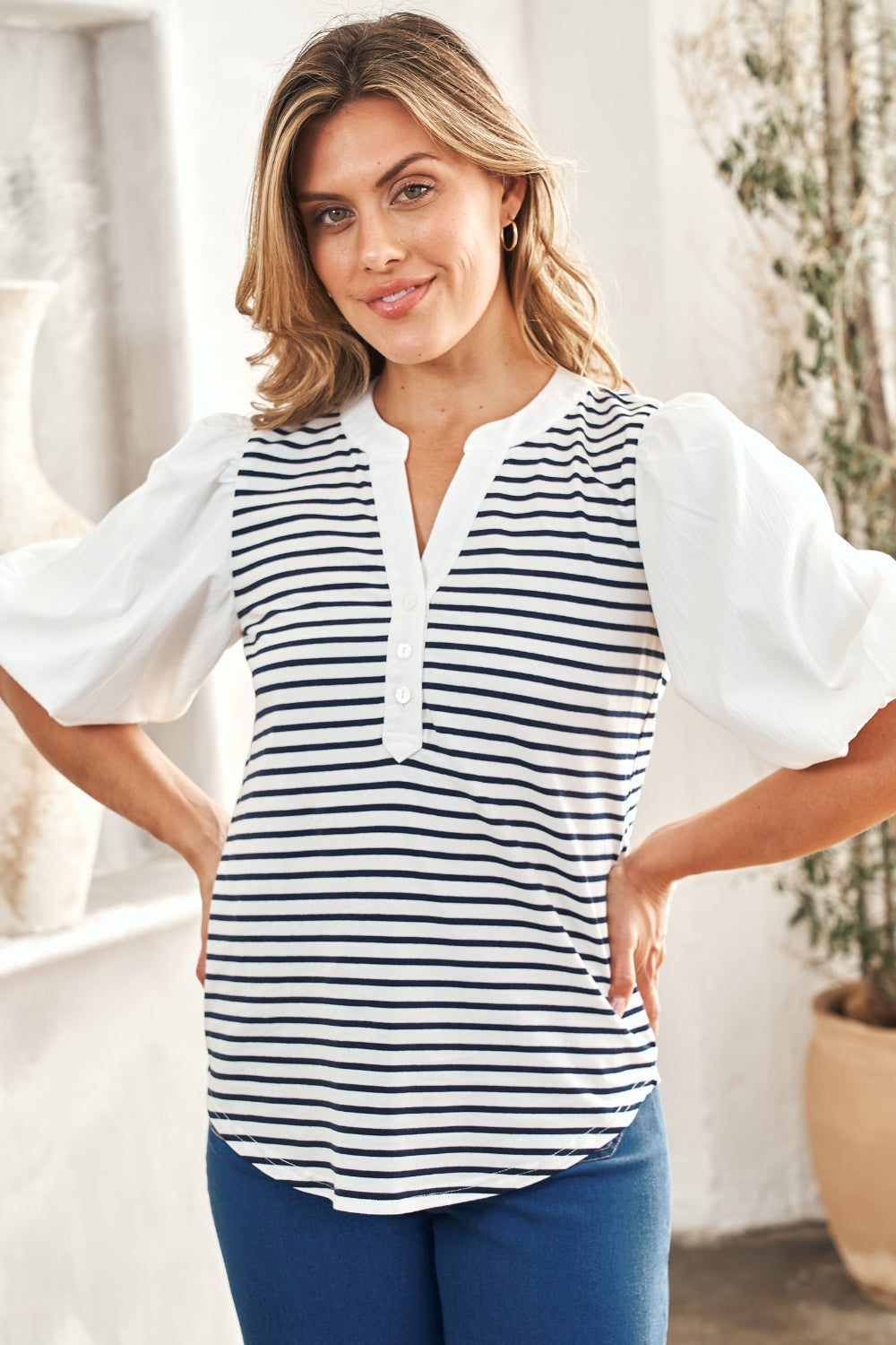 Striped Contrast Puff Sleeve Top