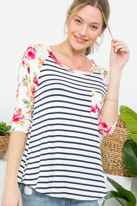 FLORAL STRIPE MIXED BASEBALL TOP