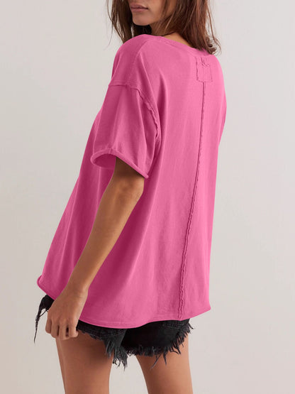 Exposed Seam Round Neck Half Sleeve T-Shirt