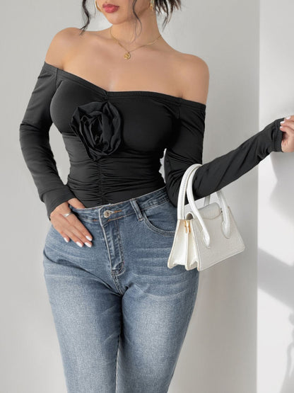 Ruched Flower Off-Shoulder Long Sleeve Bodysuit