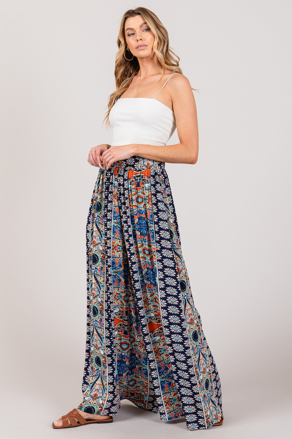 Bohemian Multi Geo Print Wide Leg Pants