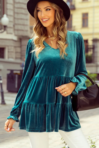 Peplum V-Neck Flounce Sleeve Blouse