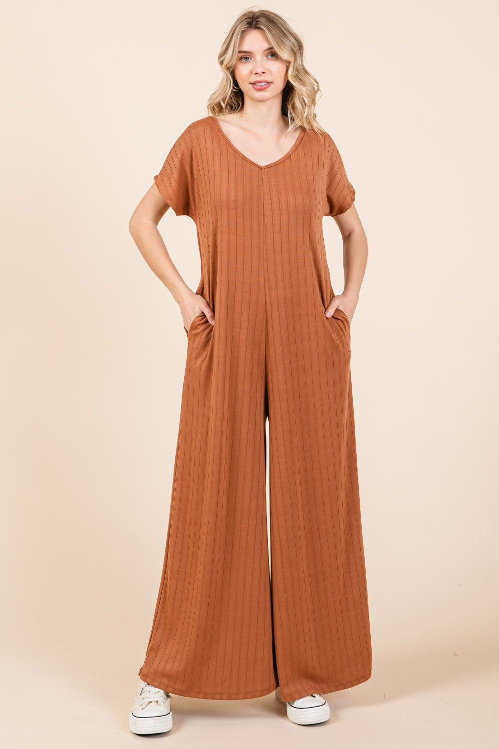 Ribbed Short Sleeve Wide Leg Jumpsuit