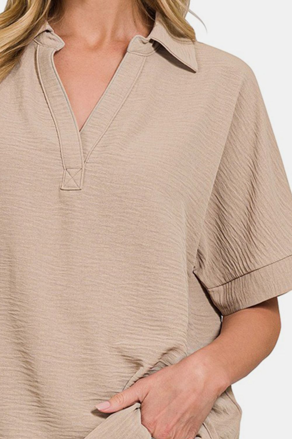 Texture Collared Neck Short Sleeve Top