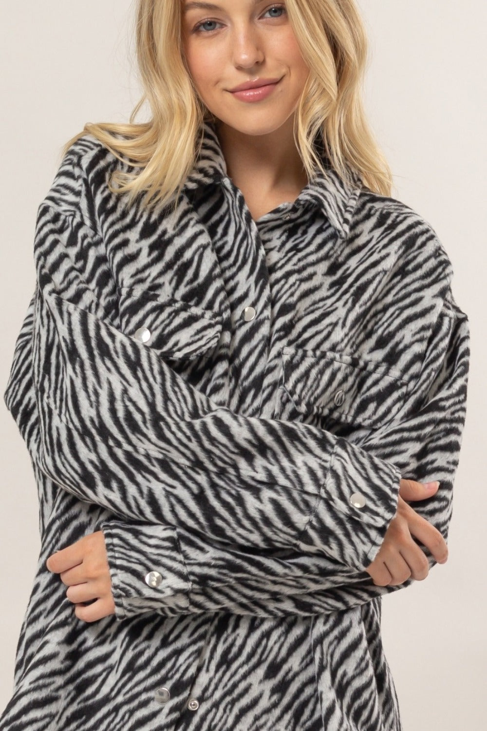 Zebra Print Snap Down Long Sleeve Shacket