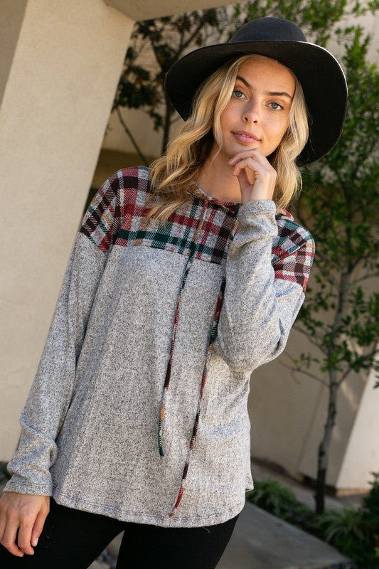 HACCI MELANGE PLAID AND SOLID MIXED HOODIE TOP