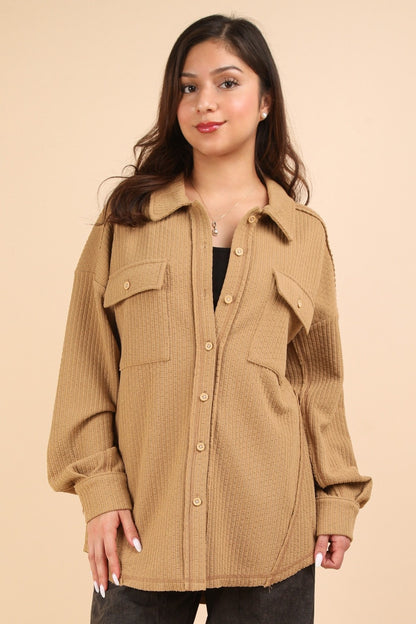 Button Down Textured Knit Shacket