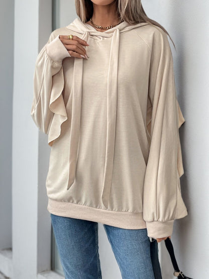 Drawstring Ruffled Long Sleeve Hoodie