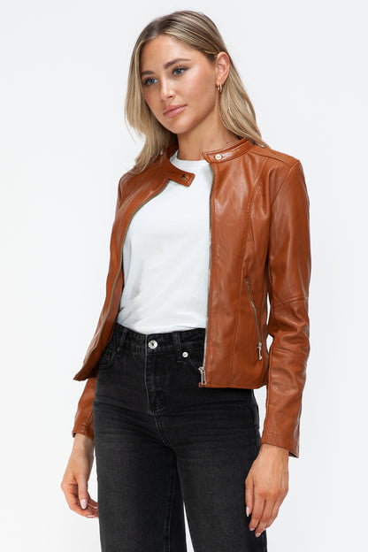 Faux Leather Zip Up Drawstring Hooded Jacket