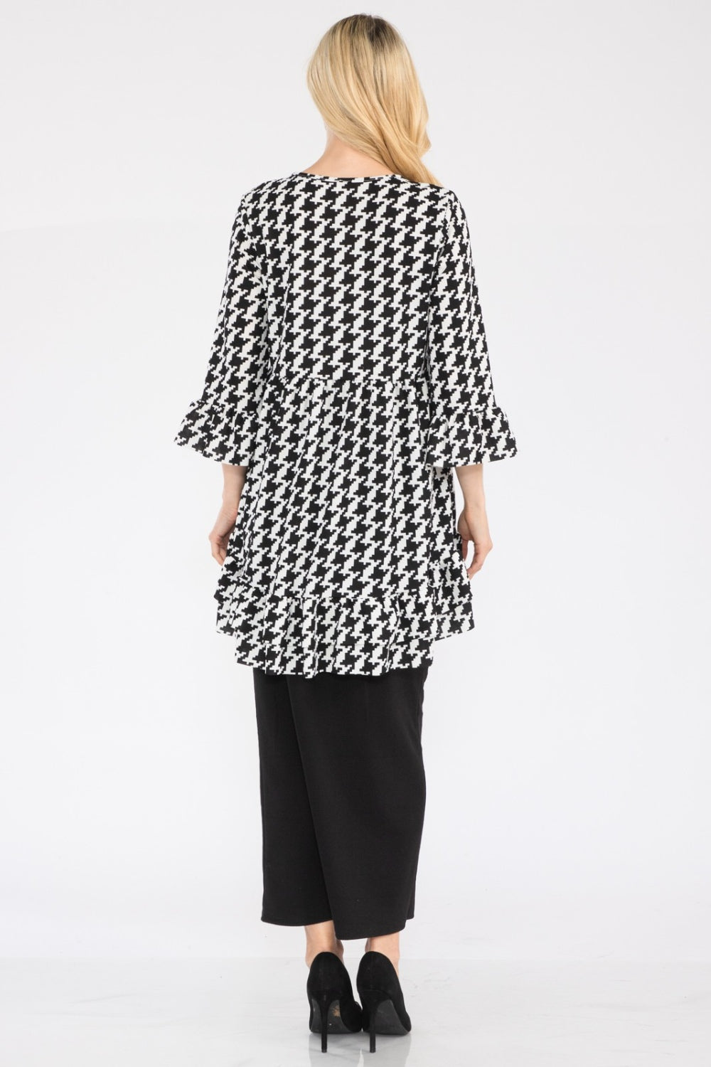 Houndstooth Flounce Sleeve High-Low Top