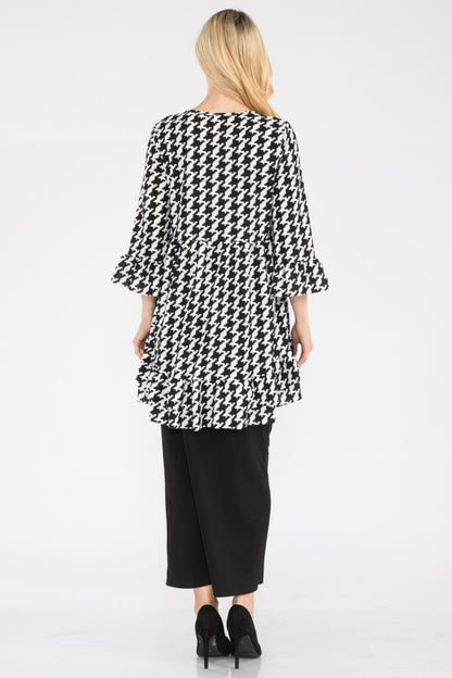 Houndstooth Flounce Sleeve High-Low Top