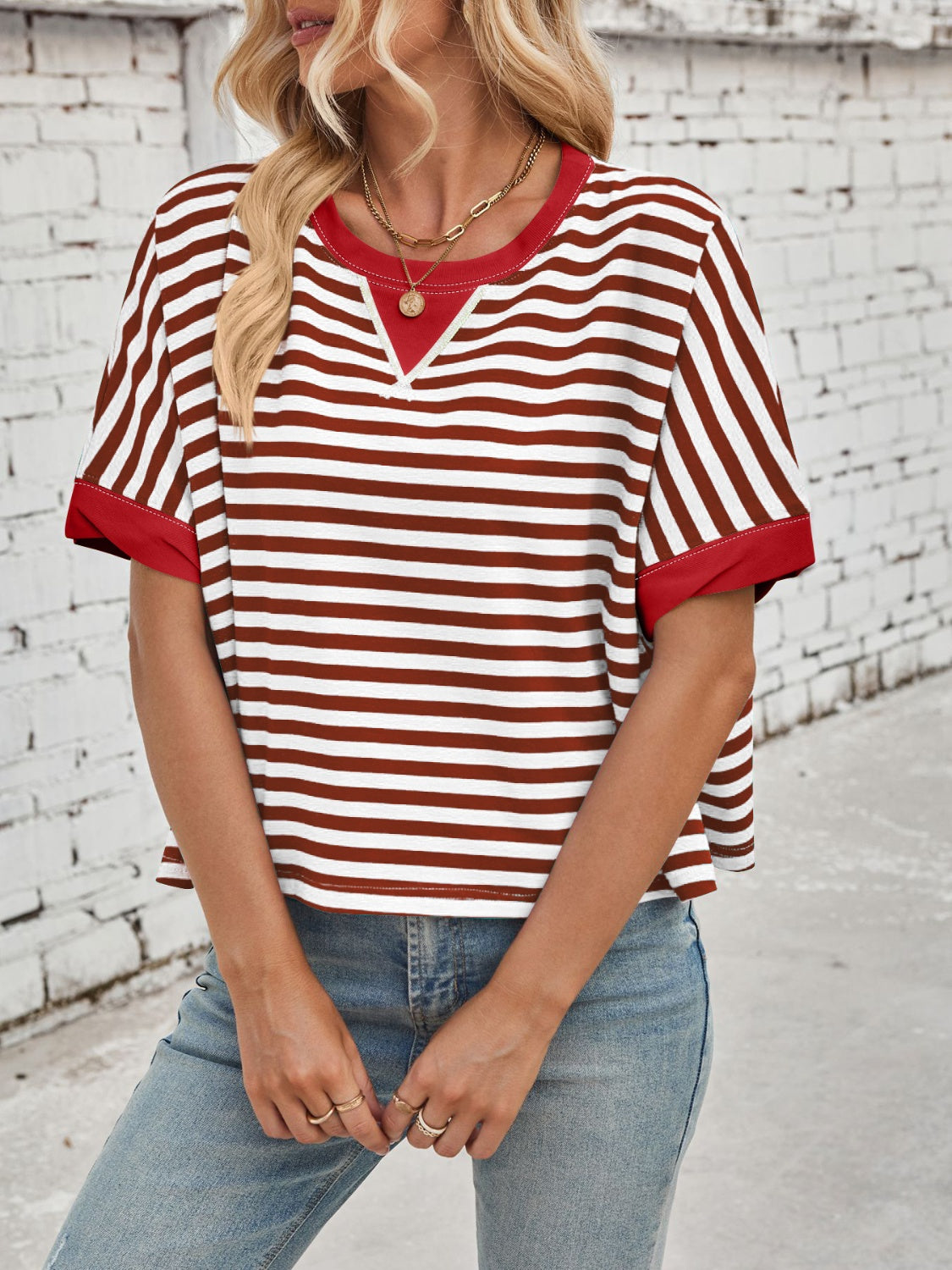 Striped Round Neck Short Sleeve T-Shirt