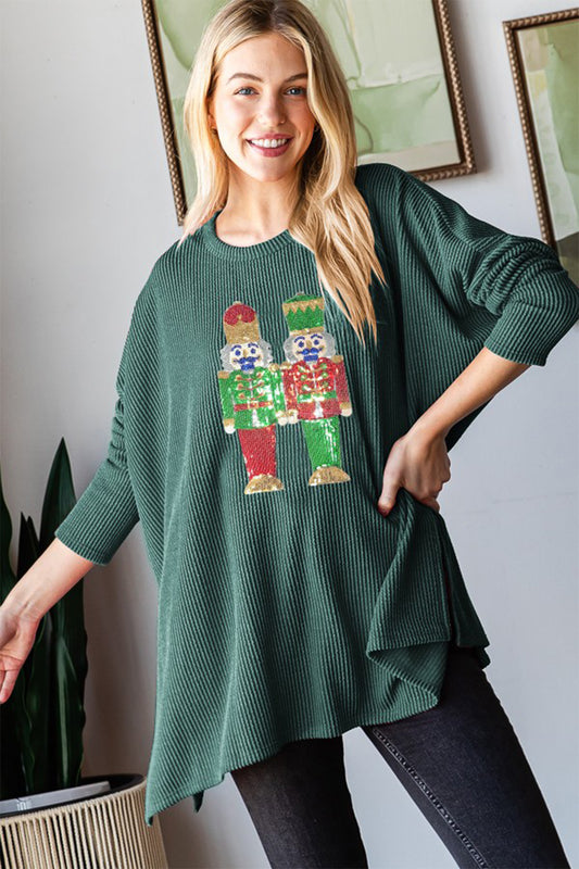 Sequin Nutcracker Long Sleeve Ribbed Top