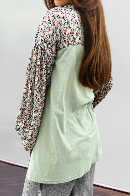 Printed Notched Long Sleeve Blouse