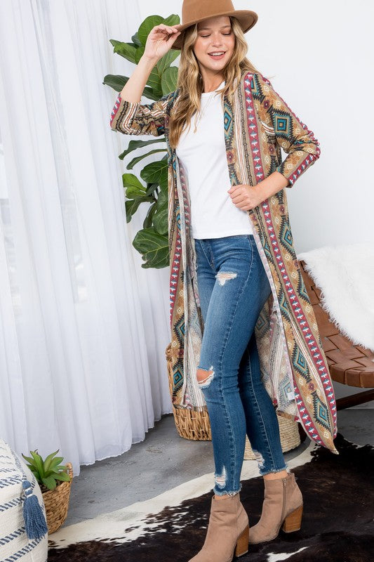 PLUS AZTEC PRINT LONG CARDIGAN