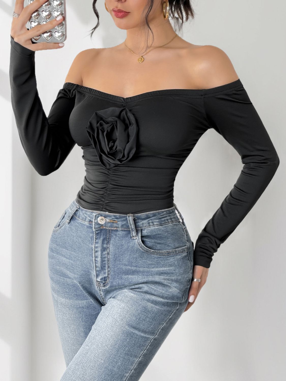 Ruched Flower Off-Shoulder Long Sleeve Bodysuit