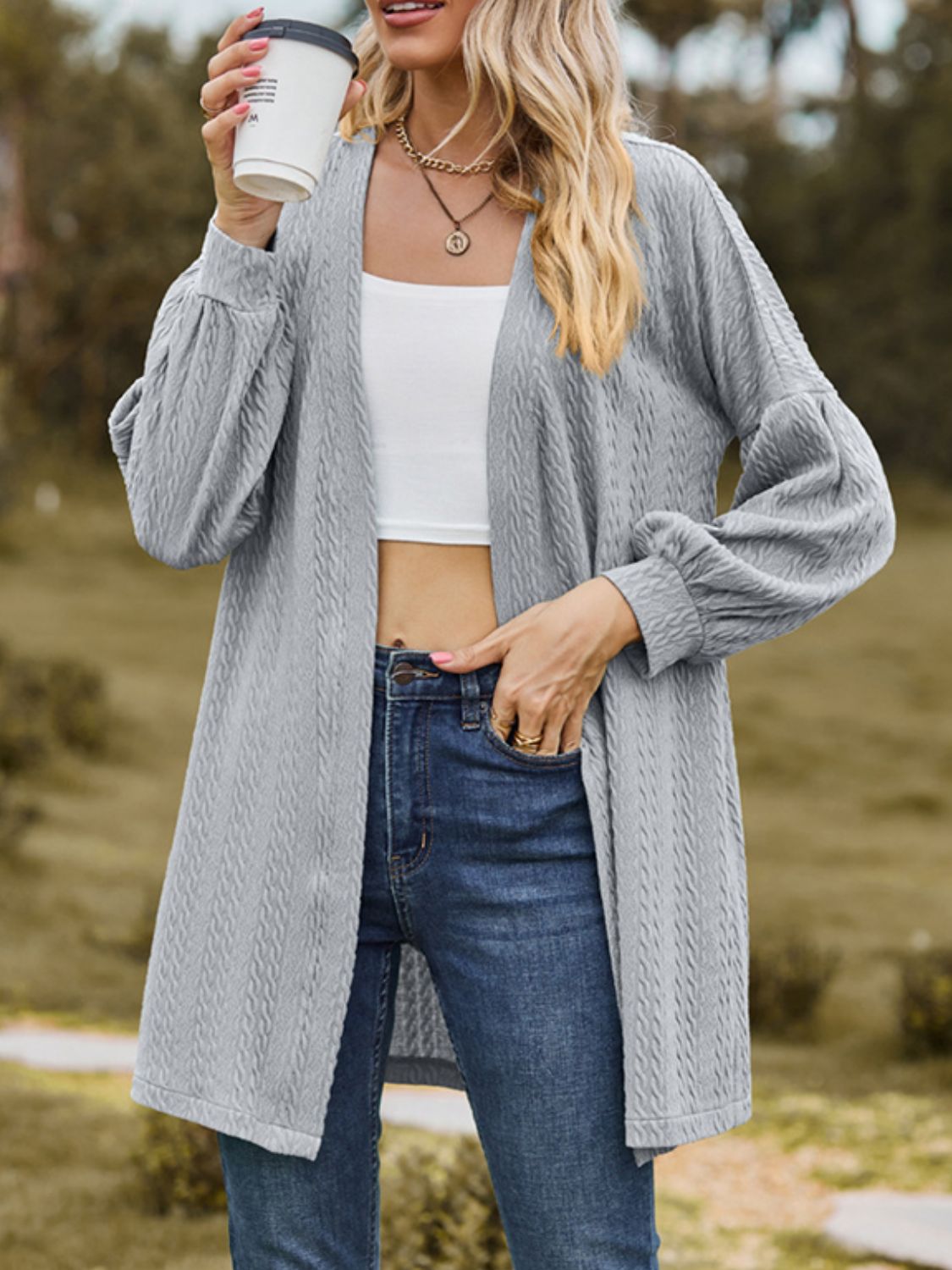 Textured Open Front Dropped Shoulder Cardigan