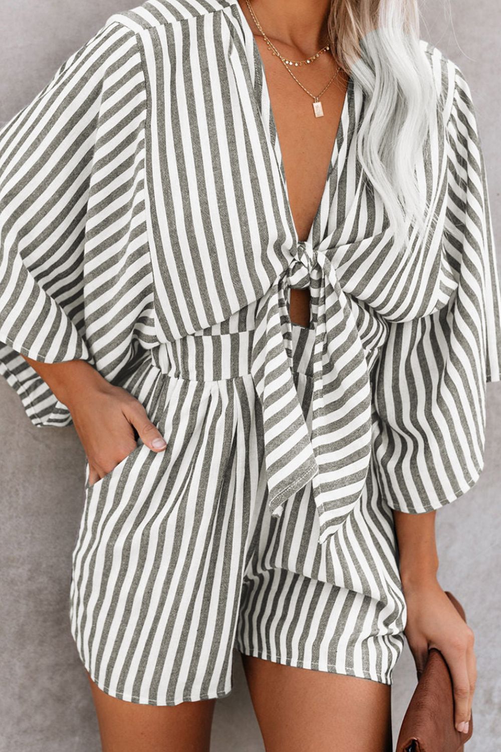 Bow Striped Kimono Sleeve Romper