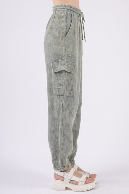 Washed Woven Crinkle Gauze Drawstring Pants