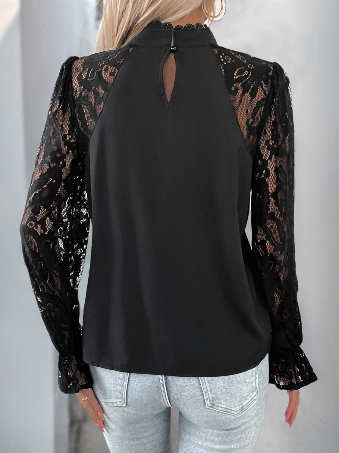 Mock Neck Lace Long Sleeve Blouse