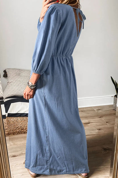 Tied Plunge Three-Quarter Sleeve Denim Dress