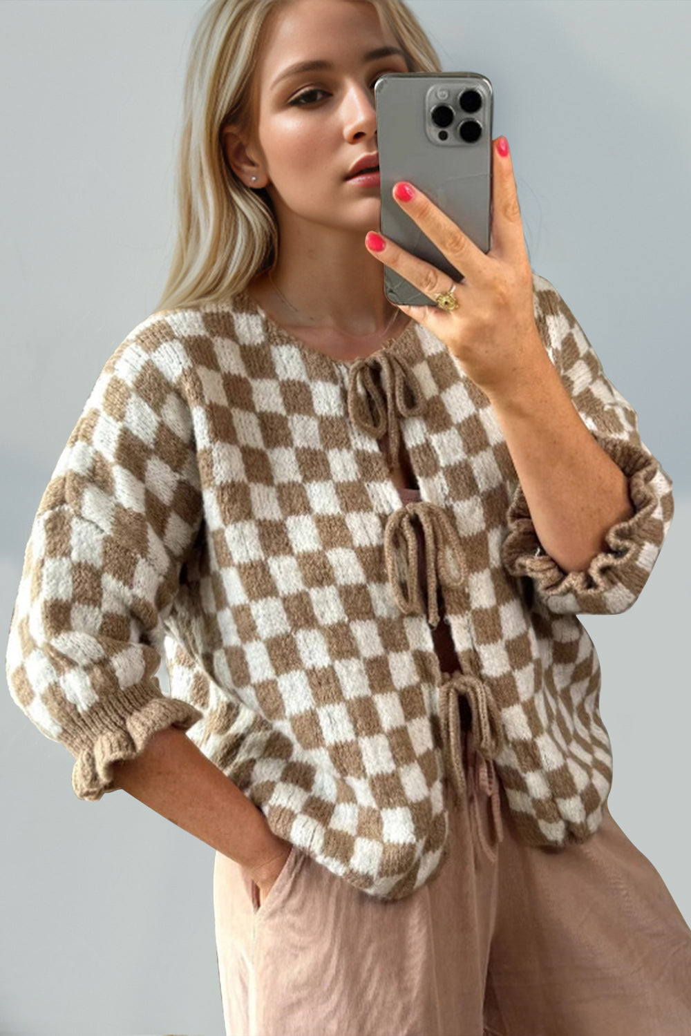 Tied Checkered Dropped Shoulder Flounce Sleeve Cardigan