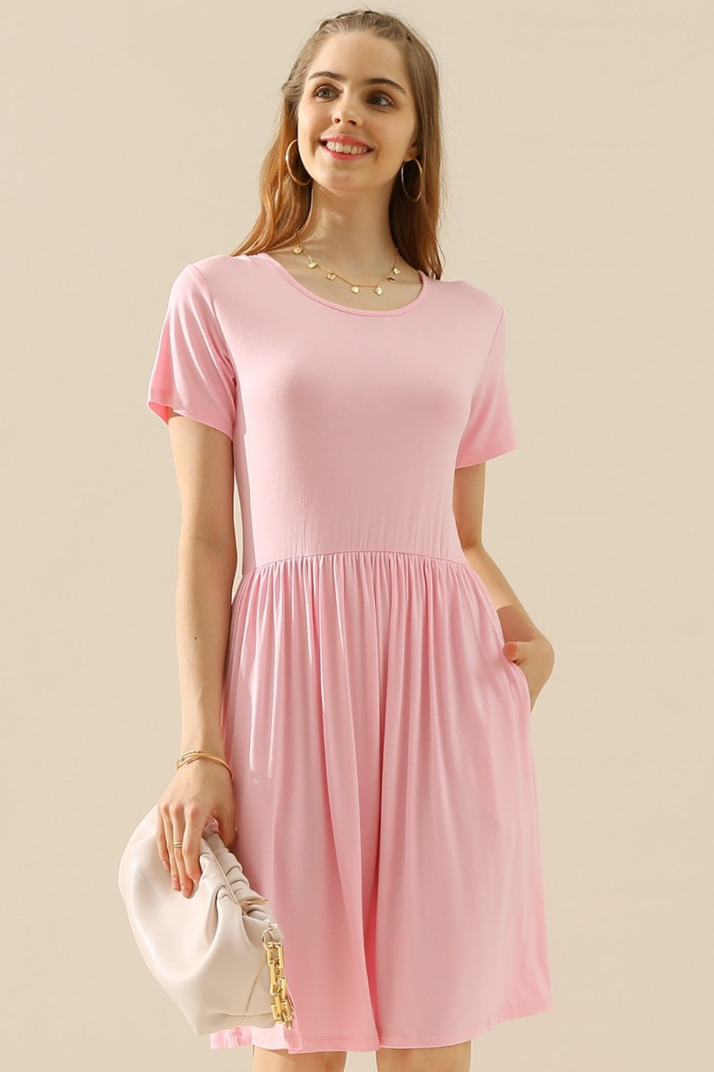 Round Neck Ruched Dress with Pockets