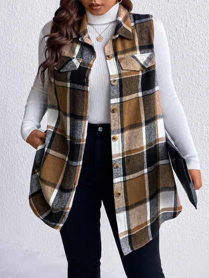 Plus Size Pocketed Plaid Button Up Vest Coat