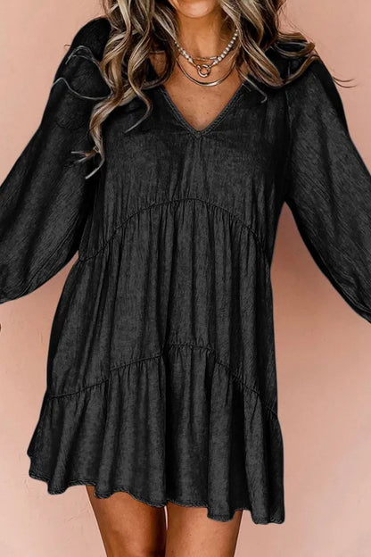 V-Neck Three-Quarter Sleeve Denim Dress