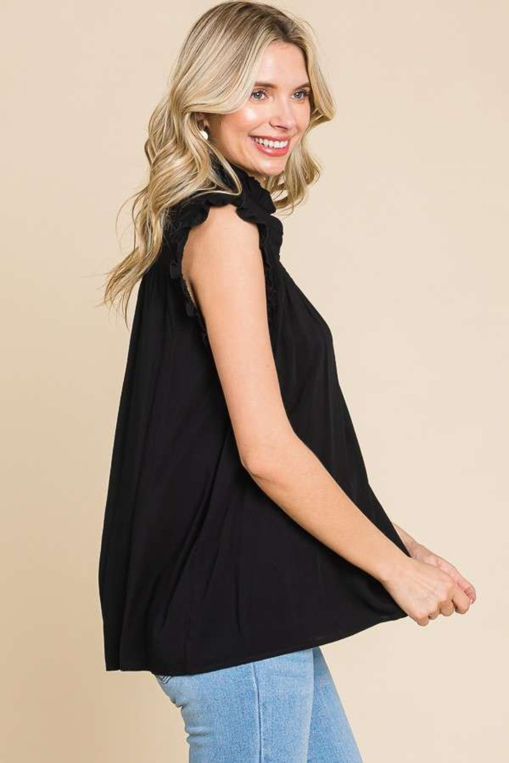 Frill Edge Smocked Sleeveless Top