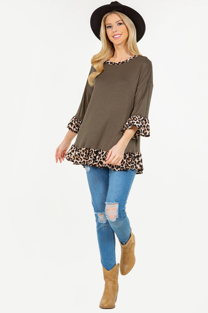 Flounce Sleeve Leopard Trim Top