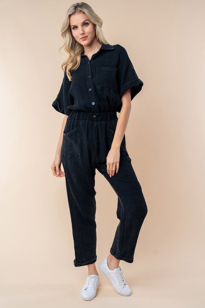 Texture Short Sleeve Jumpsuit