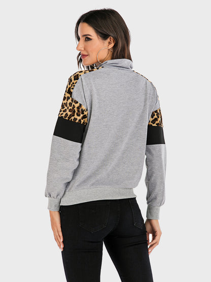 Contrast Leopard Half Zip Long Sleeve Sweatshirt