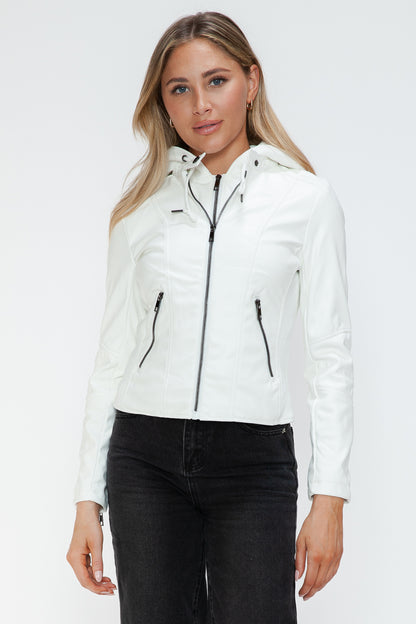 Faux Leather Zip Up Drawstring Hooded Jacket