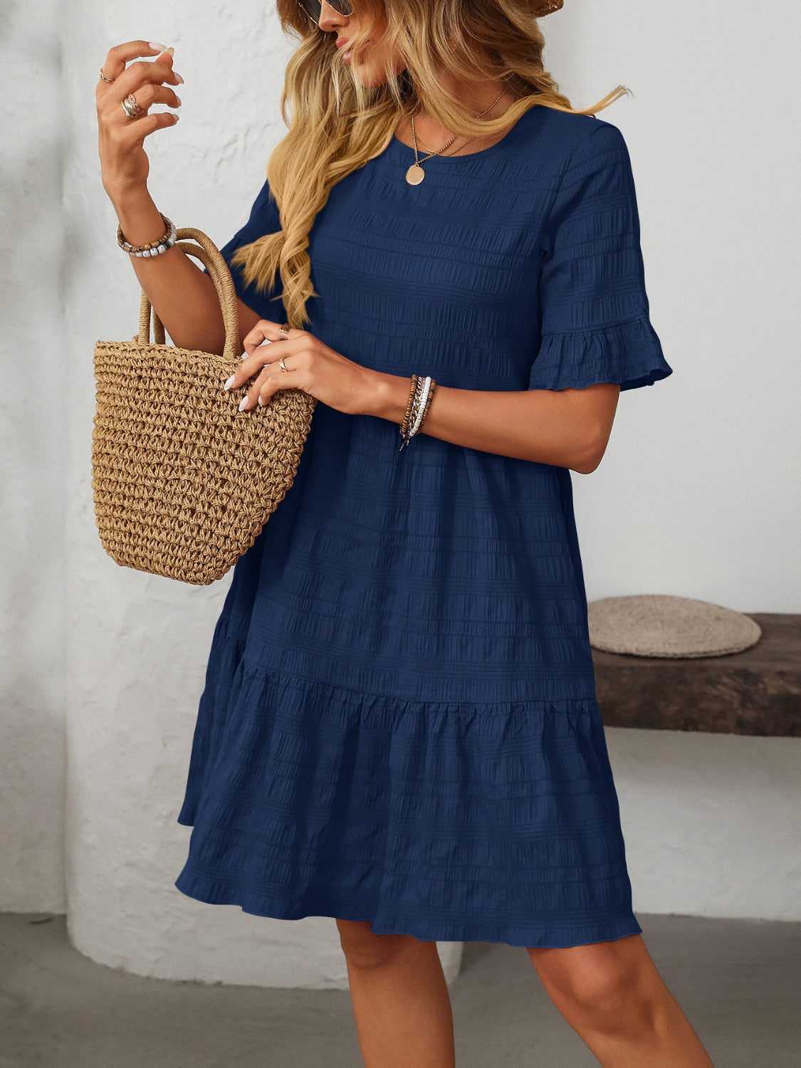 Ruffled Ruched Round Neck Half Sleeve Dress